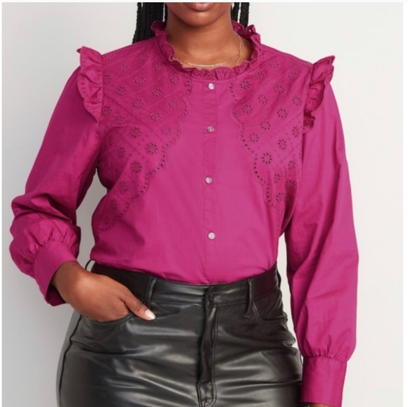 🆕Old Navy | Pink Eyelet Ruffle-Trimmed Button-Down Shirt Size Large - Picture 1 of 9